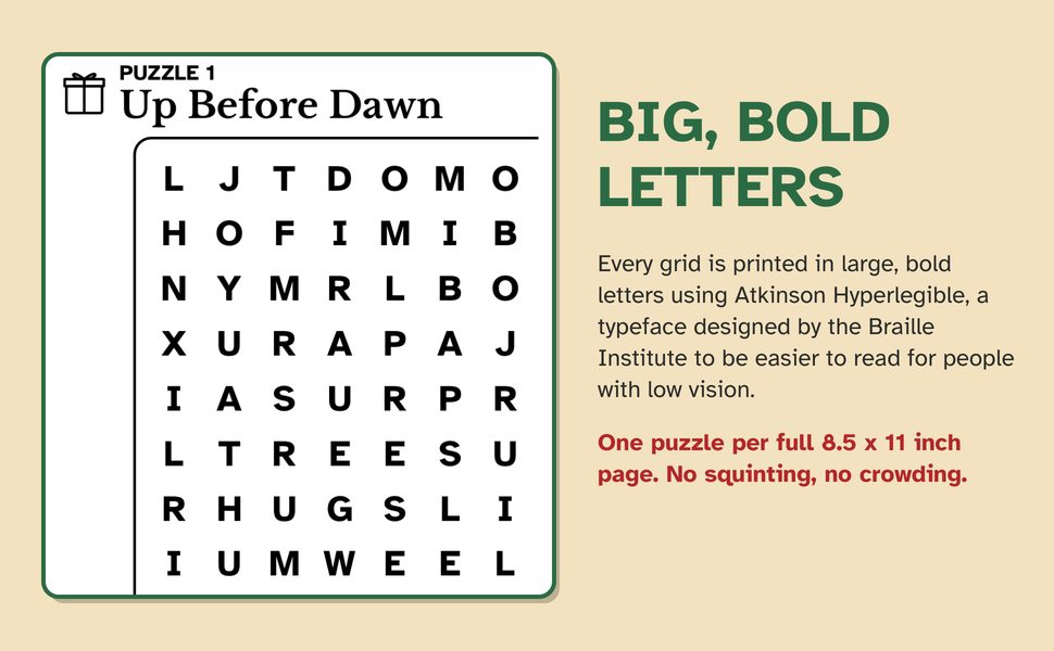 Big bold letters in a large print Christmas word search grid set in Atkinson Hyperlegible, one puzzle per 8.5 x 11 inch page