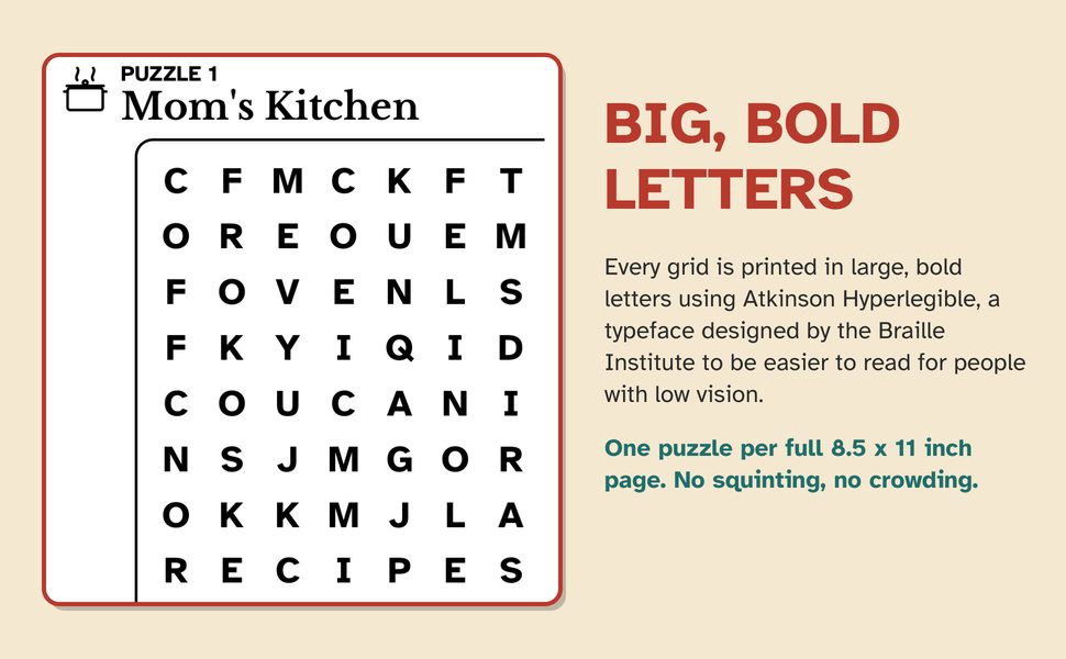 Big bold letters in a large print nostalgic word search grid set in Atkinson Hyperlegible, one puzzle per 8.5 x 11 inch page