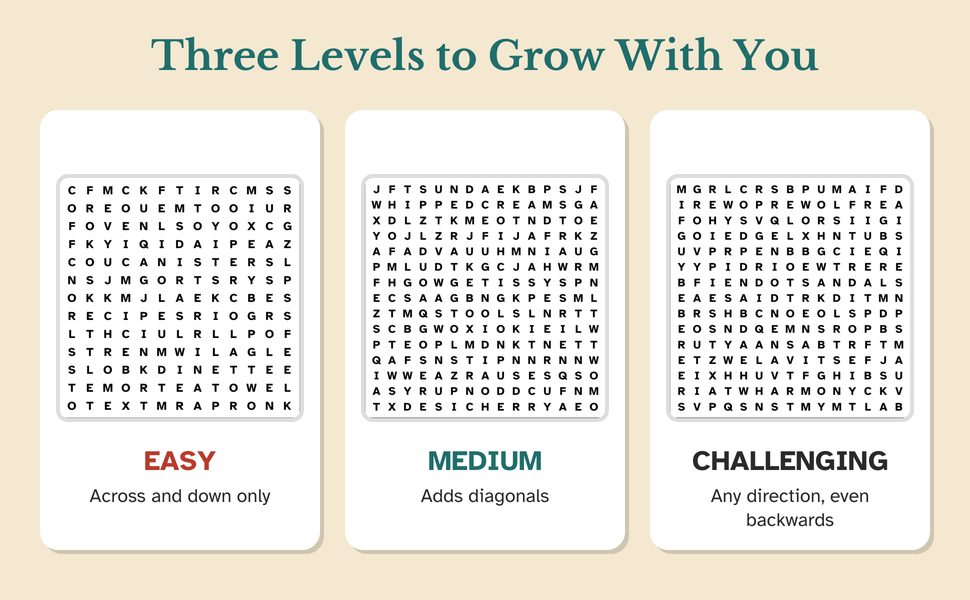 Three levels of large print nostalgic word search puzzles: Easy across and down, Medium with diagonals, Challenging in any direction