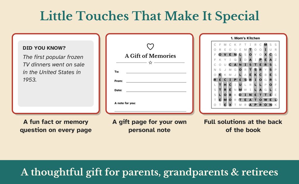 Extras in every book: a fun fact or memory question on each page, a gift page for a personal note, and full solutions