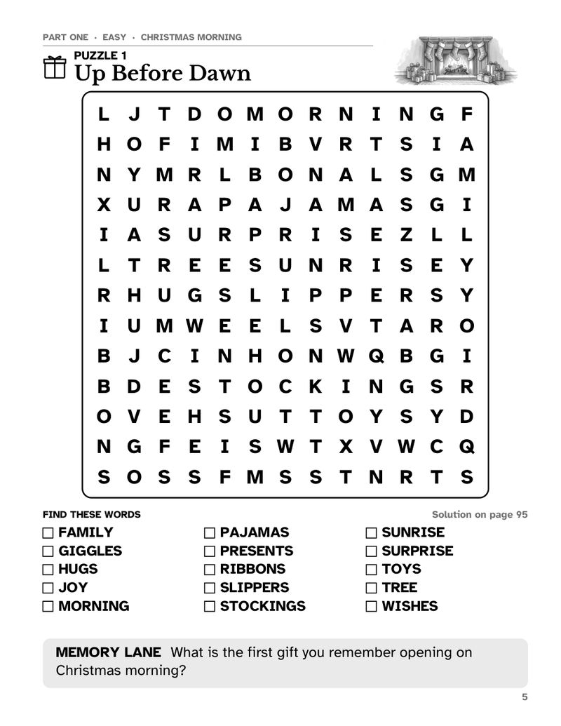 Sample page from Old-Fashioned Christmas Word Search Large Print: Easy puzzle 1, Up Before Dawn, a 13 x 13 large print word search grid with word list