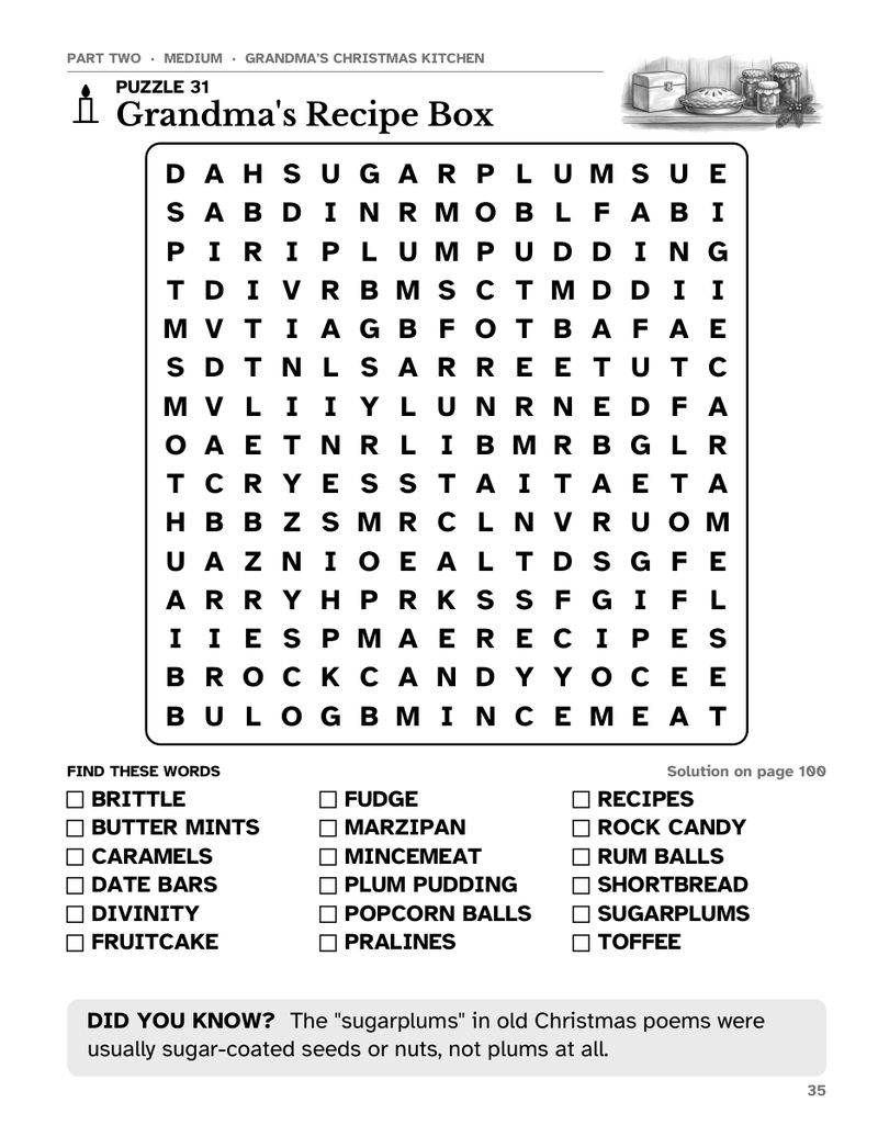 Sample page from Old-Fashioned Christmas Word Search Large Print: Medium puzzle 31, Grandma's Recipe Box, a 15 x 15 large print word search grid with word list