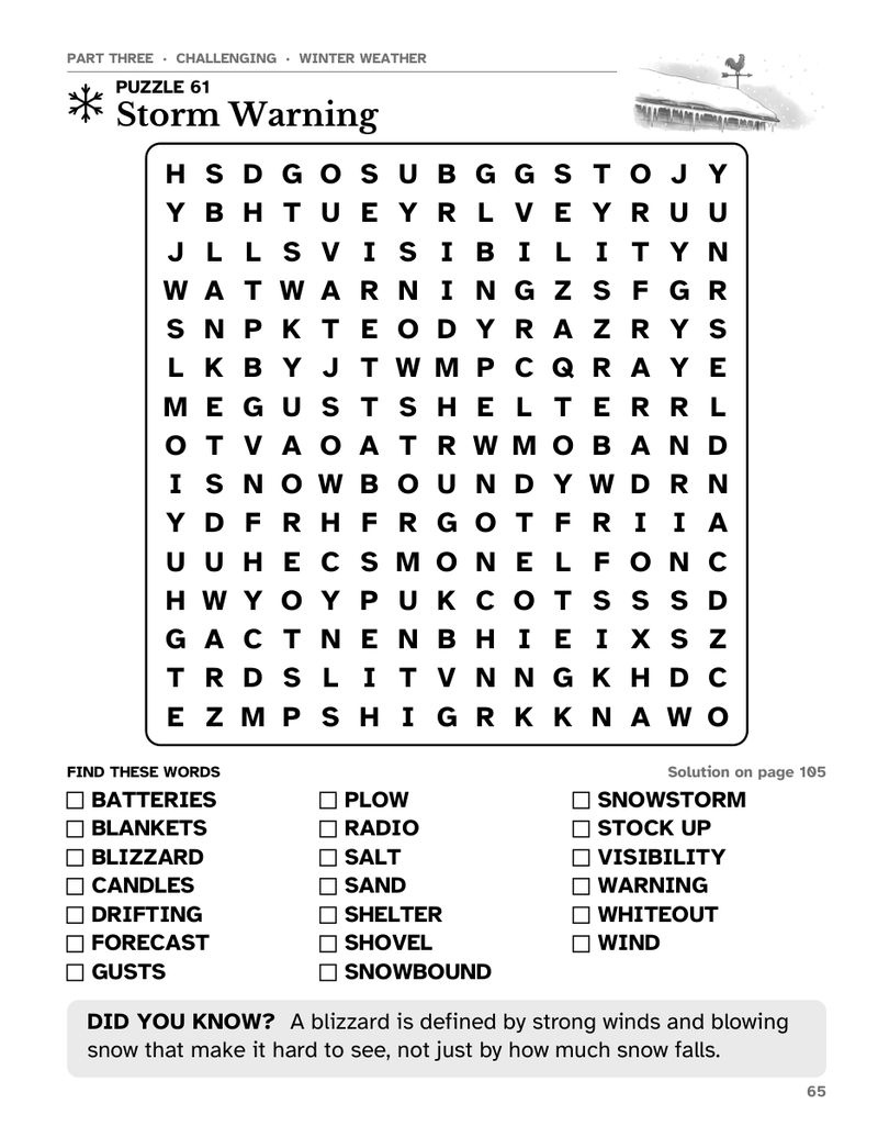 Sample page from Old-Fashioned Winter Word Search Large Print: Challenging puzzle 61, Storm Warning, a 15 x 15 large print word search grid with word list