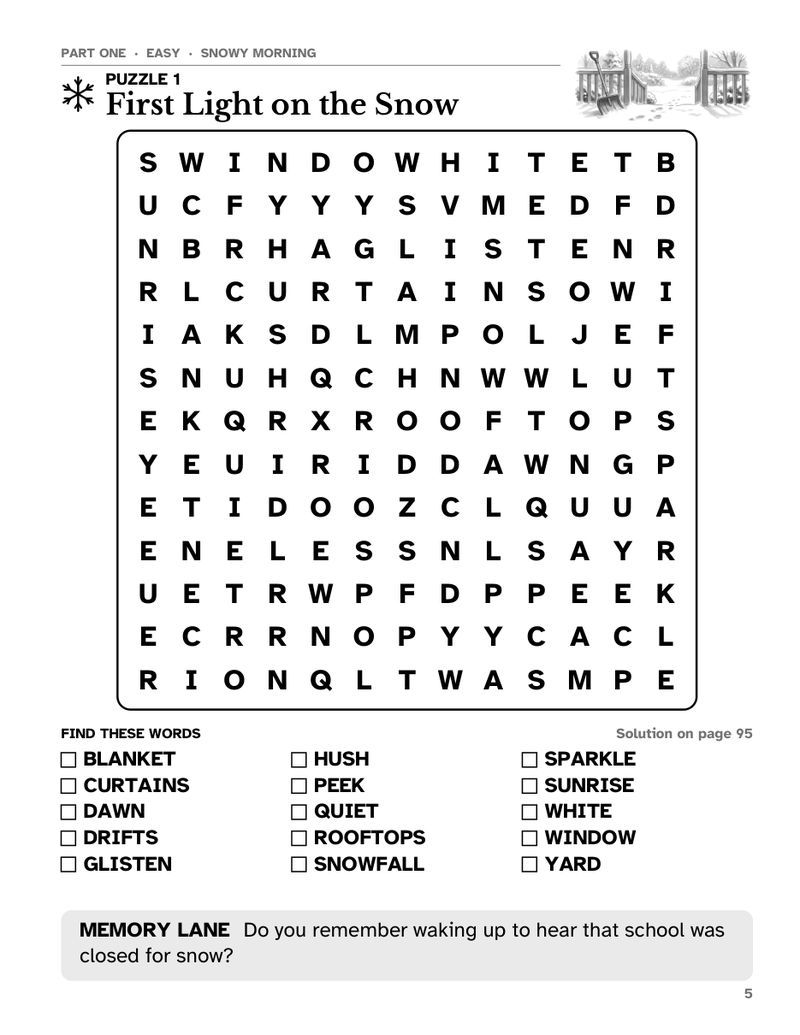 Sample page from Old-Fashioned Winter Word Search Large Print: Easy puzzle 1, First Light on the Snow, a 13 x 13 large print word search grid with word list